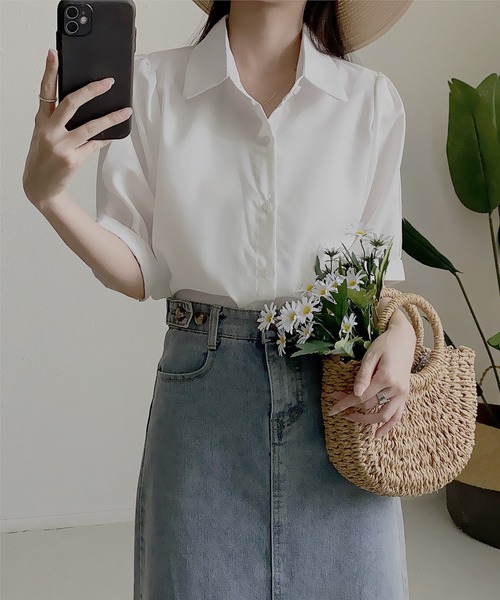 MAISON DE THERESE（メゾン ド テレーズ）の「ストライプ半袖シャツブラウス ビジネスシャツ（シャツ/ブラウス・レディース・ブルー/ブラック/ベージュ/グリーン/ピンク/モカ/ブラック系2/ホワイト系1/ホワイト/ブラック系1・L/M/S）」の22枚目の写真