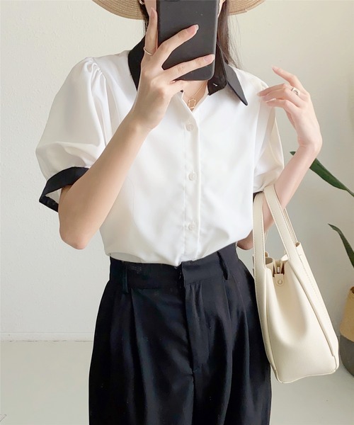 MAISON DE THERESE（メゾン ド テレーズ）の「ストライプ半袖シャツブラウス ビジネスシャツ（シャツ/ブラウス・レディース・ブルー/ブラック/ベージュ/グリーン/ピンク/モカ/ブラック系2/ホワイト系1/ホワイト/ブラック系1・L/M/S）」の19枚目の写真