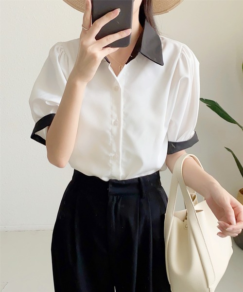 MAISON DE THERESE（メゾン ド テレーズ）の「ストライプ半袖シャツブラウス ビジネスシャツ（シャツ/ブラウス・レディース・ブルー/ブラック/ベージュ/グリーン/ピンク/モカ/ブラック系2/ホワイト系1/ホワイト/ブラック系1・L/M/S）」の18枚目の写真