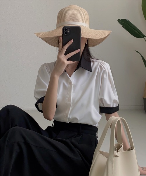 MAISON DE THERESE（メゾン ド テレーズ）の「ストライプ半袖シャツブラウス ビジネスシャツ（シャツ/ブラウス・レディース・ブルー/ブラック/ベージュ/グリーン/ピンク/モカ/ブラック系2/ホワイト系1/ホワイト/ブラック系1・L/M/S）」の17枚目の写真