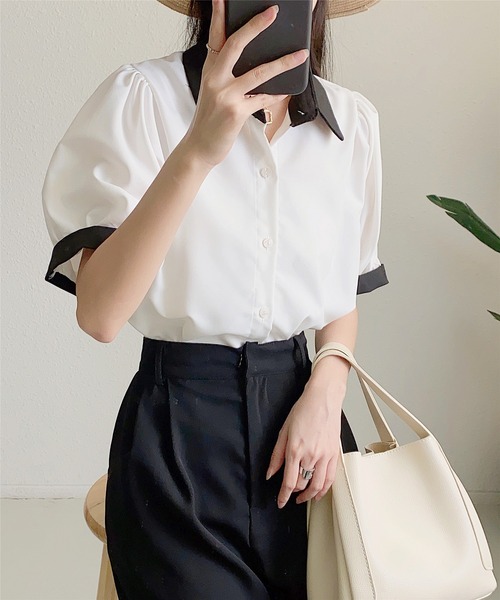 MAISON DE THERESE（メゾン ド テレーズ）の「ストライプ半袖シャツブラウス ビジネスシャツ（シャツ/ブラウス・レディース・ブルー/ブラック/ベージュ/グリーン/ピンク/モカ/ブラック系2/ホワイト系1/ホワイト/ブラック系1・L/M/S）」の16枚目の写真