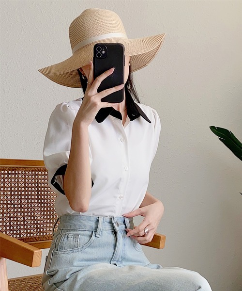 MAISON DE THERESE（メゾン ド テレーズ）の「ストライプ半袖シャツブラウス ビジネスシャツ（シャツ/ブラウス・レディース・ブルー/ブラック/ベージュ/グリーン/ピンク/モカ/ブラック系2/ホワイト系1/ホワイト/ブラック系1・L/M/S）」の14枚目の写真