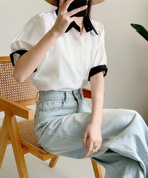 MAISON DE THERESE（メゾン ド テレーズ）の「ストライプ半袖シャツブラウス ビジネスシャツ（シャツ/ブラウス・レディース・ブルー/ブラック/ベージュ/グリーン/ピンク/モカ/ブラック系2/ホワイト系1/ホワイト/ブラック系1・L/M/S）」の13枚目の写真