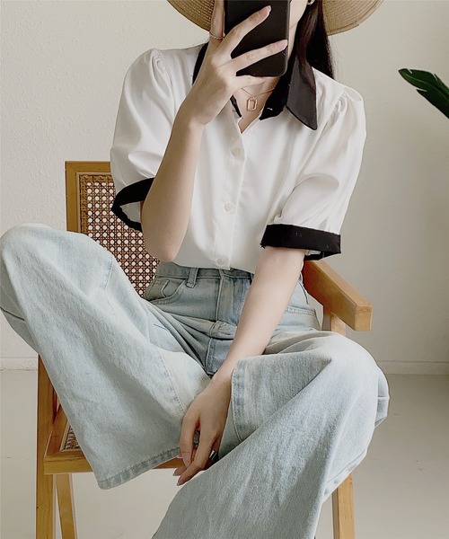 MAISON DE THERESE（メゾン ド テレーズ）の「ストライプ半袖シャツブラウス ビジネスシャツ（シャツ/ブラウス・レディース・ブルー/ブラック/ベージュ/グリーン/ピンク/モカ/ブラック系2/ホワイト系1/ホワイト/ブラック系1・L/M/S）」の12枚目の写真