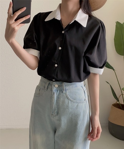 MAISON DE THERESE(メゾン ド テレーズ)の「ストライプ半袖シャツブラウス ビジネスシャツ(シャツ/ブラウス・レディース・ブルー/ブラック/ベージュ/グリーン/ピンク/モカ/ブラック系2/ホワイト系1/ホワイト/ブラック系1・L/M/S)」の20枚目の写真