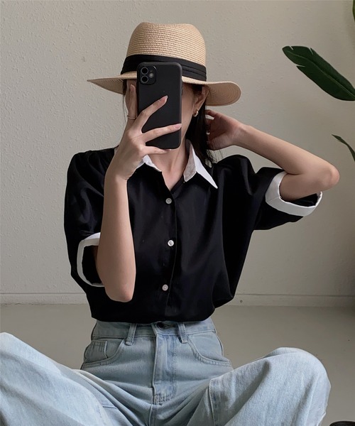 MAISON DE THERESE（メゾン ド テレーズ）の「ストライプ半袖シャツブラウス ビジネスシャツ（シャツ/ブラウス・レディース・ブルー/ブラック/ベージュ/グリーン/ピンク/モカ/ブラック系2/ホワイト系1/ホワイト/ブラック系1・L/M/S）」の11枚目の写真