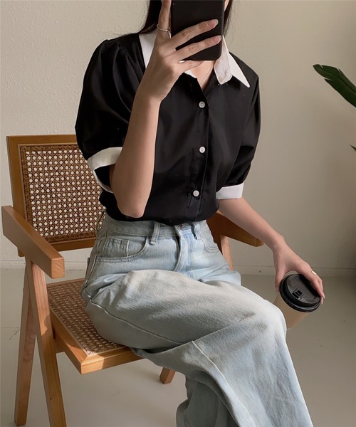 MAISON DE THERESE(メゾン ド テレーズ)の「ストライプ半袖シャツブラウス ビジネスシャツ(シャツ/ブラウス・レディース・ブルー/ブラック/ベージュ/グリーン/ピンク/モカ/ブラック系2/ホワイト系1/ホワイト/ブラック系1・L/M/S)」の22枚目の写真