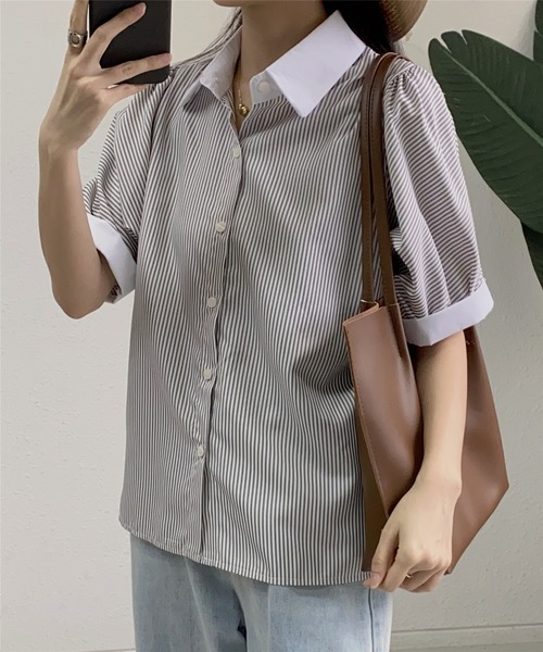 MAISON DE THERESE(メゾン ド テレーズ)の「ストライプ半袖シャツブラウス ビジネスシャツ(シャツ/ブラウス・レディース・ブルー/ブラック/ベージュ/グリーン/ピンク/モカ/ブラック系2/ホワイト系1/ホワイト/ブラック系1・L/M/S)」の11枚目の写真