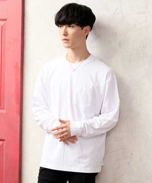 TopIsm(トップイズム)の「ワイドシルエット ヘビーウェイト USAコットンクルーネック長袖Tシャツ(Tシャツ/カットソー・メンズ・ホワイト/ブラック/ダークブラウン/ベージュ/パープル/ネイビー/チャコール/ブルー・LL/M/L)」の1枚目の写真