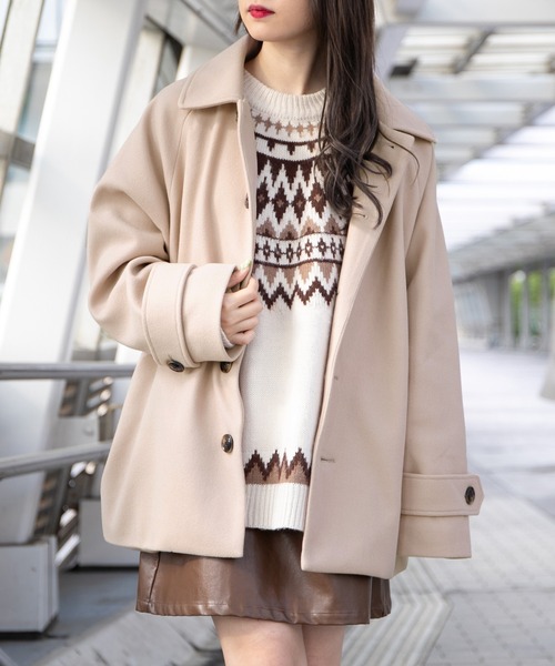 PairPair（ペアペア）の「ステンカラーショートコート(ユニセックス)（ステンカラーコート・レディース・モカ/ライトベージュ・MEDIUM/LARGE）」の2枚目の写真