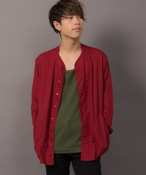 MGV(エムジーヴィー)の「カラー綿麻ノーカラーシャツ(シャツ/ブラウス・メンズ・ブラック/ベージュ/ネイビー/グレー/カーキ/グリーン/ワイン/マスタード・LARGE/SMALL/MEDIUM)」の9枚目の写真