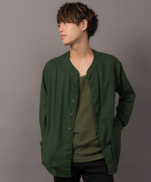 MGV(エムジーヴィー)の「カラー綿麻ノーカラーシャツ(シャツ/ブラウス・メンズ・ブラック/ベージュ/ネイビー/グレー/カーキ/グリーン/ワイン/マスタード・LARGE/SMALL/MEDIUM)」の11枚目の写真