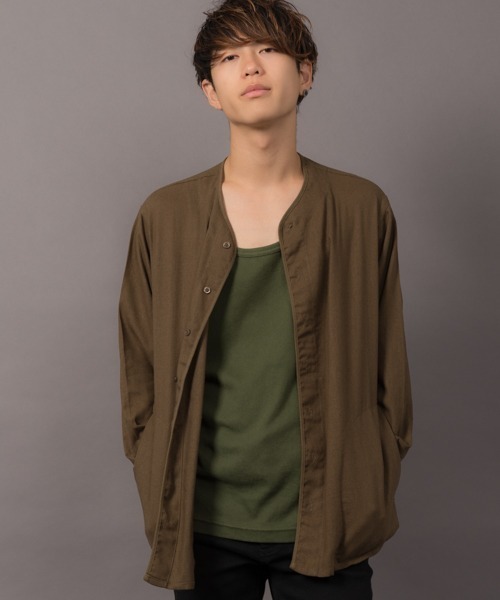MGV(エムジーヴィー)の「カラー綿麻ノーカラーシャツ(シャツ/ブラウス・メンズ・ブラック/ベージュ/ネイビー/グレー/カーキ/グリーン/ワイン/マスタード・LARGE/SMALL/MEDIUM)」の12枚目の写真