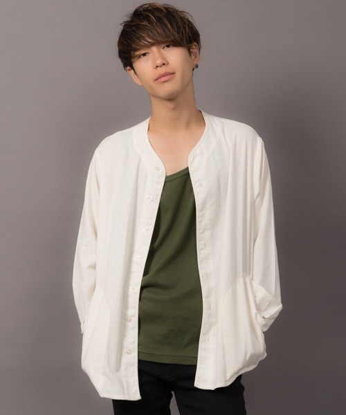 MGV(エムジーヴィー)の「カラー綿麻ノーカラーシャツ(シャツ/ブラウス・メンズ・ブラック/ベージュ/ネイビー/グレー/カーキ/グリーン/ワイン/マスタード・LARGE/SMALL/MEDIUM)」の13枚目の写真