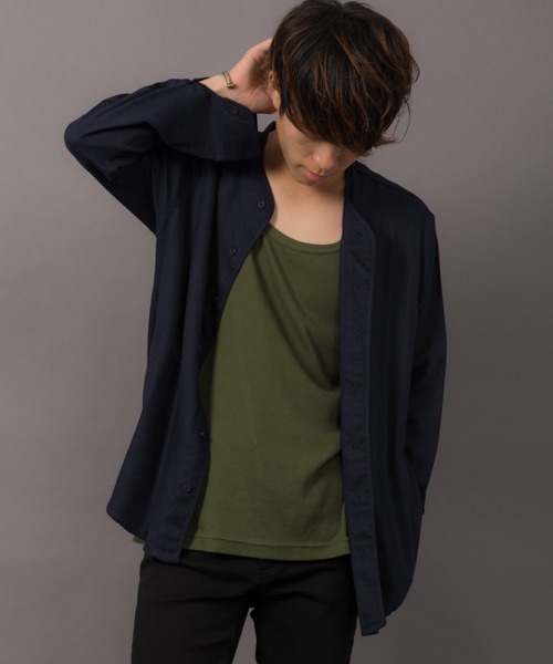 MGV(エムジーヴィー)の「カラー綿麻ノーカラーシャツ(シャツ/ブラウス・メンズ・ブラック/ベージュ/ネイビー/グレー/カーキ/グリーン/ワイン/マスタード・LARGE/SMALL/MEDIUM)」の14枚目の写真