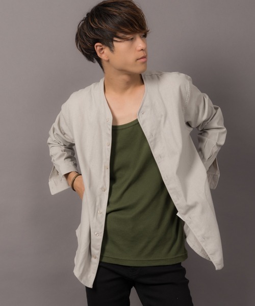 MGV(エムジーヴィー)の「カラー綿麻ノーカラーシャツ(シャツ/ブラウス・メンズ・ブラック/ベージュ/ネイビー/グレー/カーキ/グリーン/ワイン/マスタード・LARGE/SMALL/MEDIUM)」の15枚目の写真