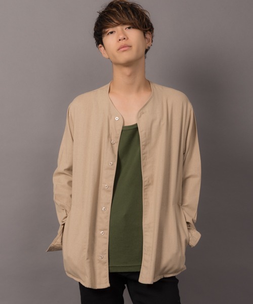 MGV(エムジーヴィー)の「カラー綿麻ノーカラーシャツ(シャツ/ブラウス・メンズ・ブラック/ベージュ/ネイビー/グレー/カーキ/グリーン/ワイン/マスタード・LARGE/SMALL/MEDIUM)」の16枚目の写真