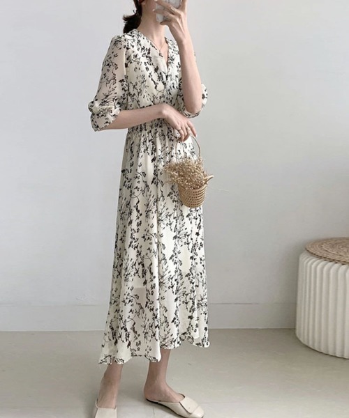 ◆送料・関税無料◆DVF 花柄 ベルト付き シフォンワンピース 5分袖花柄シフォンワンピース [E2066] - レディースファッション