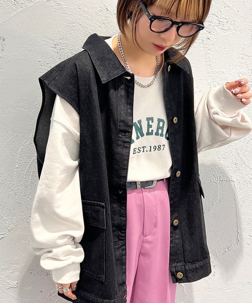 apres jour mignon(アプレジュールミニョン)の「デニムベスト【ZOZOTOWN限定アイテム】(ベスト・レディース・ダークブルー/オフホワイト/ブラック・フリー/X-LARGE)」の13枚目の写真