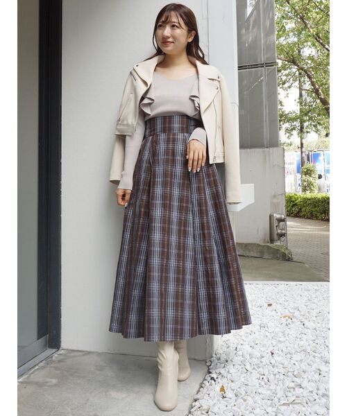 MERCURYDUO（マーキュリーデュオ）の「メモリータフタバックレースアップチェックスカート（スカート・レディース・ダークブラウン/ベージュ・SMALL/MEDIUM）」の10枚目の写真