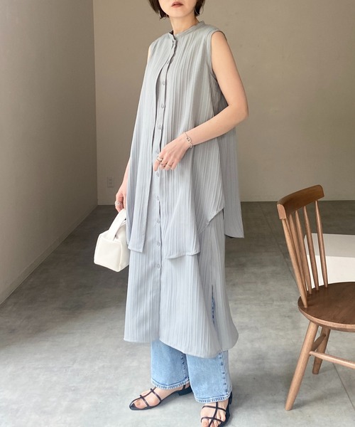 She's Closet(シーズクローゼット)の「バンドカラーレイヤードノースリーブロングシャツワンピース(シャツワンピース・レディース・ホワイト/ブラック/テラコッタ/ライトベージュ/ブルー・FREE)」の5枚目の写真
