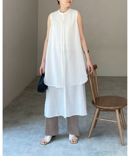 She's Closet(シーズクローゼット)の「バンドカラーレイヤードノースリーブロングシャツワンピース(シャツワンピース・レディース・ホワイト/ブラック/テラコッタ/ライトベージュ/ブルー・FREE)」の9枚目の写真