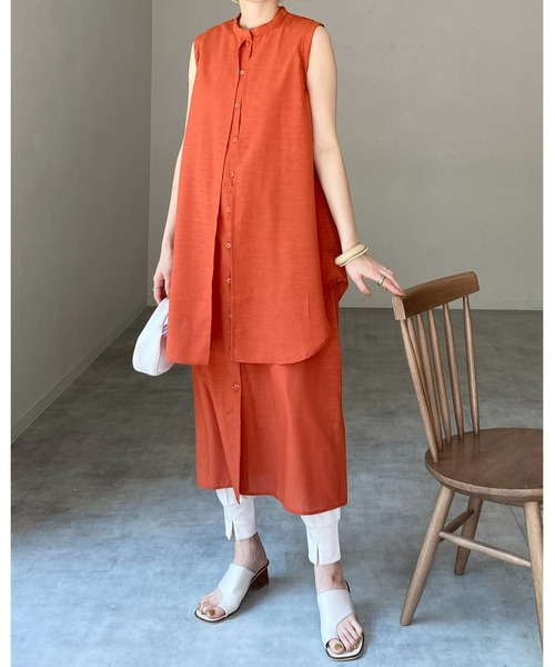 She's Closet(シーズクローゼット)の「バンドカラーレイヤードノースリーブロングシャツワンピース(シャツワンピース・レディース・ホワイト/ブラック/テラコッタ/ライトベージュ/ブルー・FREE)」の14枚目の写真