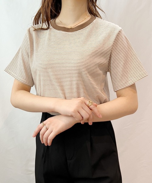 CLEA(クレア)の「配色ボーダーリンガーTシャツ(Tシャツ/カットソー・レディース・ブラウン/ホワイト/オリーブ/ブラック・FREE)」の3枚目の写真