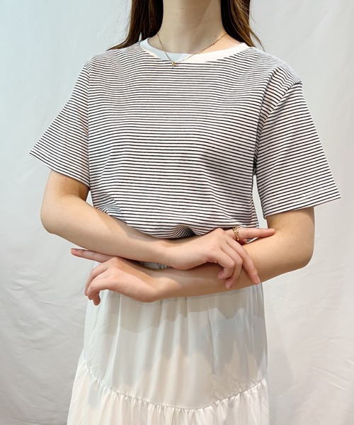 CLEA(クレア)の「配色ボーダーリンガーTシャツ(Tシャツ/カットソー・レディース・ブラウン/ホワイト/オリーブ/ブラック・FREE)」の2枚目の写真