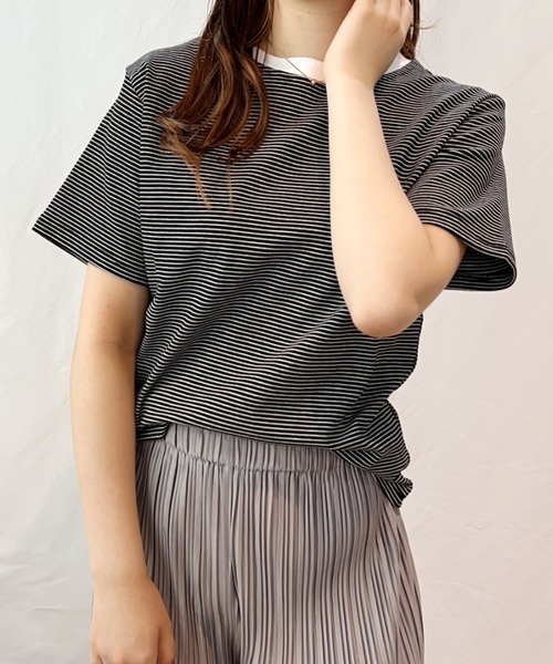 CLEA(クレア)の「配色ボーダーリンガーTシャツ(Tシャツ/カットソー・レディース・ブラウン/ホワイト/オリーブ/ブラック・FREE)」の1枚目の写真