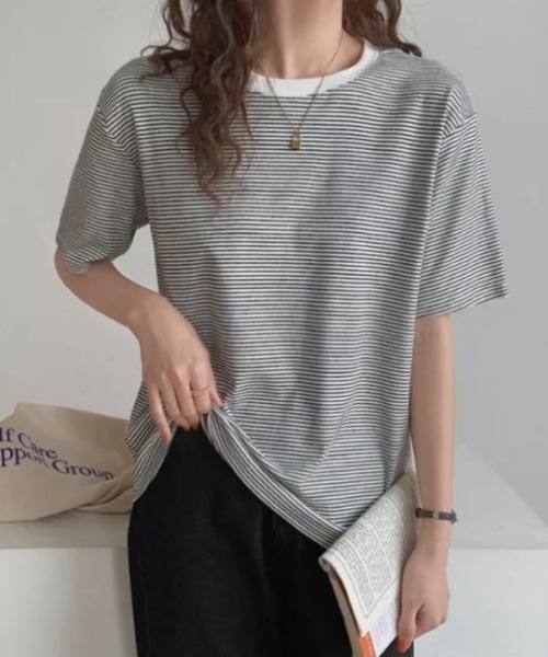 CLEA(クレア)の「配色ボーダーリンガーTシャツ(Tシャツ/カットソー・レディース・ブラウン/ホワイト/オリーブ/ブラック・FREE)」の9枚目の写真