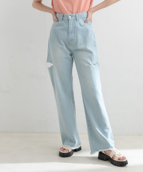 OLIVE des OLIVE（オリーブデオリーブ）の「ダメージデニムパンツ（デニムパンツ・レディース・サックスブルー/ワンウォッシュ・SMALL/MEDIUM）」の2枚目の写真