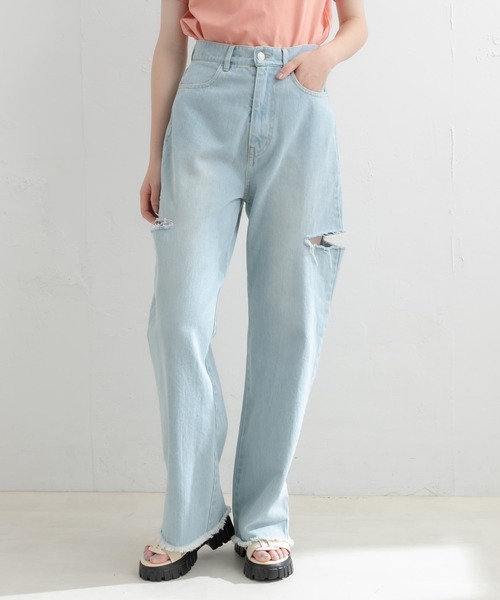 OLIVE des OLIVE（オリーブデオリーブ）の「ダメージデニムパンツ（デニムパンツ・レディース・サックスブルー/ワンウォッシュ・SMALL/MEDIUM）」の4枚目の写真