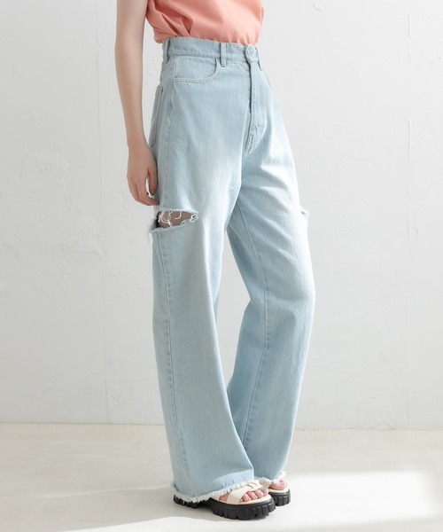 OLIVE des OLIVE（オリーブデオリーブ）の「ダメージデニムパンツ（デニムパンツ・レディース・サックスブルー/ワンウォッシュ・SMALL/MEDIUM）」の5枚目の写真