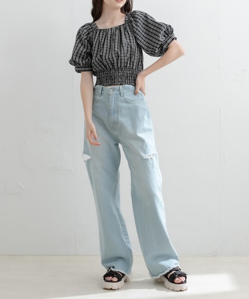 OLIVE des OLIVE（オリーブデオリーブ）の「ダメージデニムパンツ（デニムパンツ・レディース・サックスブルー/ワンウォッシュ・SMALL/MEDIUM）」の9枚目の写真