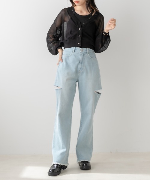 OLIVE des OLIVE（オリーブデオリーブ）の「ダメージデニムパンツ（デニムパンツ・レディース・サックスブルー/ワンウォッシュ・SMALL/MEDIUM）」の12枚目の写真