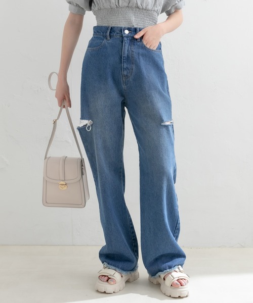 OLIVE des OLIVE（オリーブデオリーブ）の「ダメージデニムパンツ（デニムパンツ・レディース・サックスブルー/ワンウォッシュ・SMALL/MEDIUM）」の19枚目の写真