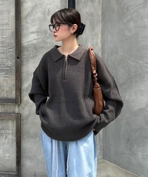 Chikashitsu + | 【Chikashitsu +/チカシツプラス】half zip knit polo/ハーフジップ リブ ニット ポロシャツ 長袖ニット(ポロシャツ)