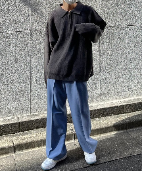 Chikashitsu +（チカシツプラス）の「【Chikashitsu +/チカシツプラス】half zip knit polo/ハーフジップ リブ ニット ポロシャツ 長袖ニット（ポロシャツ・メンズ・スカイブルー/ブラック/グレー/チャコールグレー・ONE SIZE）」の10枚目の写真