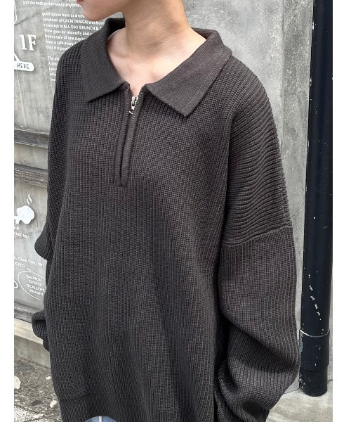 Chikashitsu +（チカシツプラス）の「【Chikashitsu +/チカシツプラス】half zip knit polo/ハーフジップ リブ ニット ポロシャツ 長袖ニット（ポロシャツ・メンズ・スカイブルー/ブラック/グレー/チャコールグレー・ONE SIZE）」の22枚目の写真