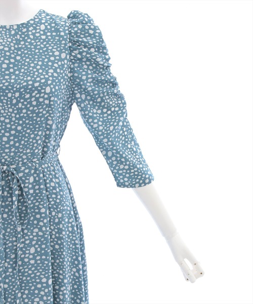 ヌキテパ　ボイルギャザースリーブワンピース　ブルー Cotton Voile Dot Leaf Embroidery Gather Sleeve Dress