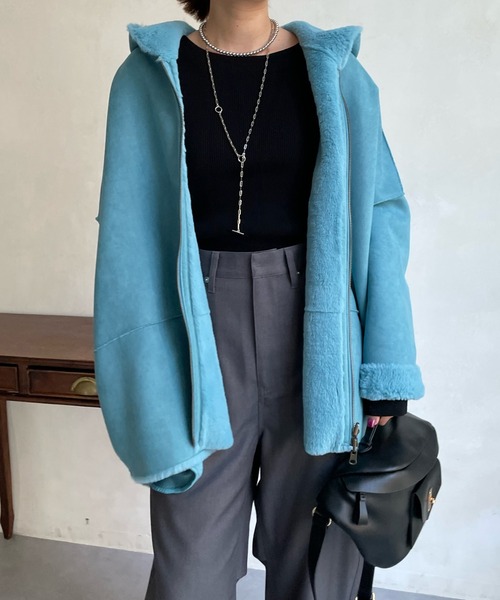 DouDou（ドゥドゥ）の「【一部WEB限定カラー】フェイクムートンコクーンフードコート（その他アウター・レディース・アイボリー/グレー/ブルー/ピンク/ライトグレー/ベージュ/キャメル・FREE）」の15枚目の写真