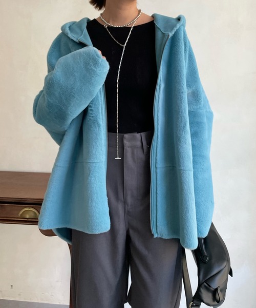 DouDou（ドゥドゥ）の「【一部WEB限定カラー】フェイクムートンコクーンフードコート（その他アウター・レディース・アイボリー/グレー/ブルー/ピンク/ライトグレー/ベージュ/キャメル・FREE）」の16枚目の写真