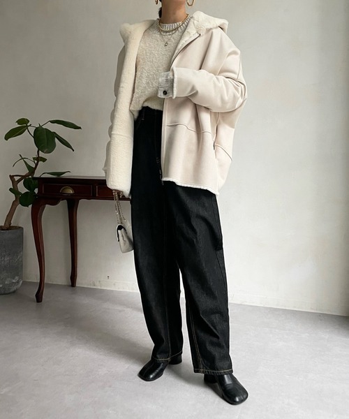 DouDou（ドゥドゥ）の「【一部WEB限定カラー】フェイクムートンコクーンフードコート（その他アウター・レディース・アイボリー/グレー/ブルー/ピンク/ライトグレー/ベージュ/キャメル・FREE）」の10枚目の写真