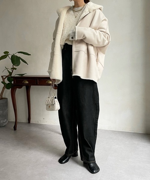 DouDou（ドゥドゥ）の「【一部WEB限定カラー】フェイクムートンコクーンフードコート（その他アウター・レディース・アイボリー/グレー/ブルー/ピンク/ライトグレー/ベージュ/キャメル・FREE）」の20枚目の写真