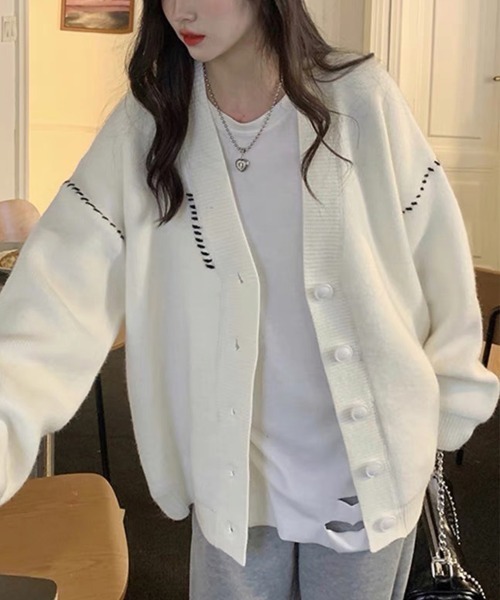 SEEALL ホワイト カーディガン(新品、未使用) 高身長 スウェットライク クルーネックニットカーディガン