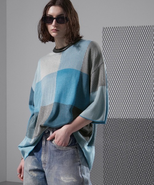 ENDER PRODUCTS（エンダープロダクツ）の「マルチパターンWジャガードサマーニットS/Sプルオーバー/ブロックチェック/タイダイ 【ENDER PRODUCTS/エンダープロダクツ】（ニット/セーター・メンズ・ブラック系/グリーン系/グレー系/アイボリー系/ブルー系・L/M）」の5枚目の写真