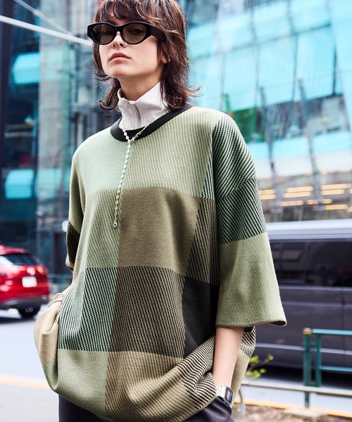 ENDER PRODUCTS（エンダープロダクツ）の「マルチパターンWジャガードサマーニットS/Sプルオーバー/ブロックチェック/タイダイ 【ENDER PRODUCTS/エンダープロダクツ】（ニット/セーター・メンズ・ブラック系/グリーン系/グレー系/アイボリー系/ブルー系・L/M）」の6枚目の写真