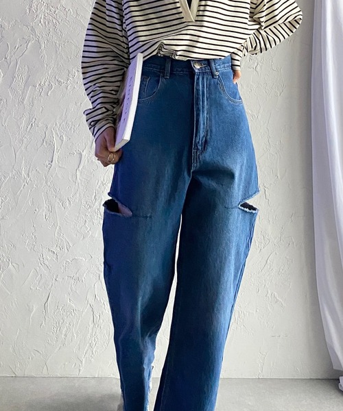 ヴィンテージスリットダメージデニムパンツ | ファッション通販