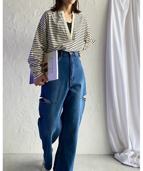 She's Closet（シーズクローゼット）の「サイドカットスリット裾フリンジハイウエストワイドストレートスラッシュデニムパンツ（デニムパンツ・レディース・サックスブルー/ブラック/オフホワイト/ブルー・FREE）」の15枚目の写真